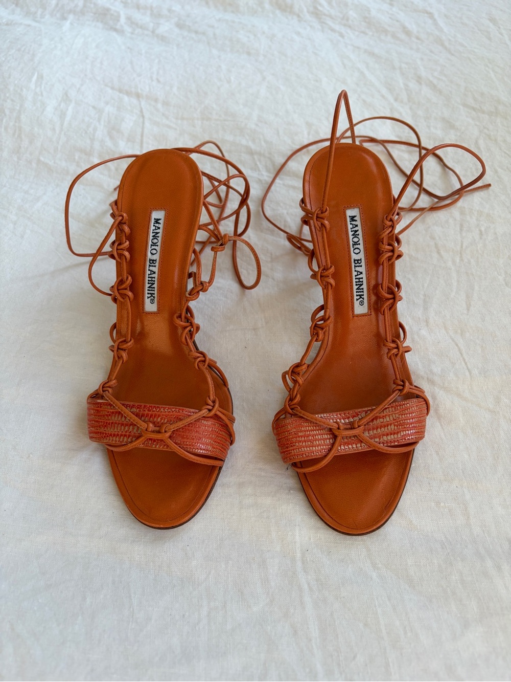 Vintage Manolo Blahnik Strappy Knotted String Wrap Tie Open Toe Heels Orange Tan - Picture 3 of 8